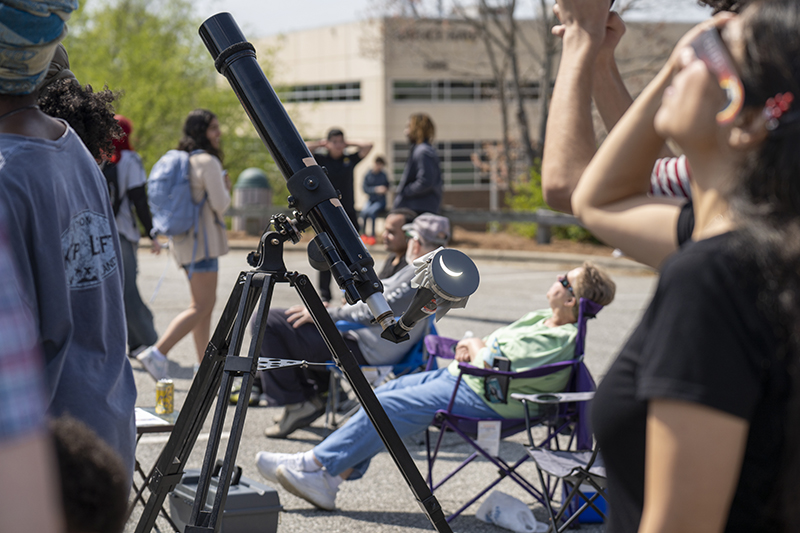 The April 8, 2024, solar eclipse shows on a telescope at GTCC's viewing event.